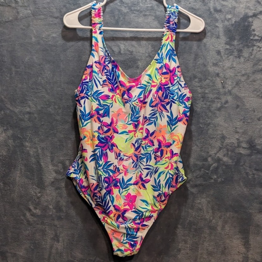 SO Womens XXL Tropical Floral One Piece Swimsuit Neon Ruched Straps Flattering